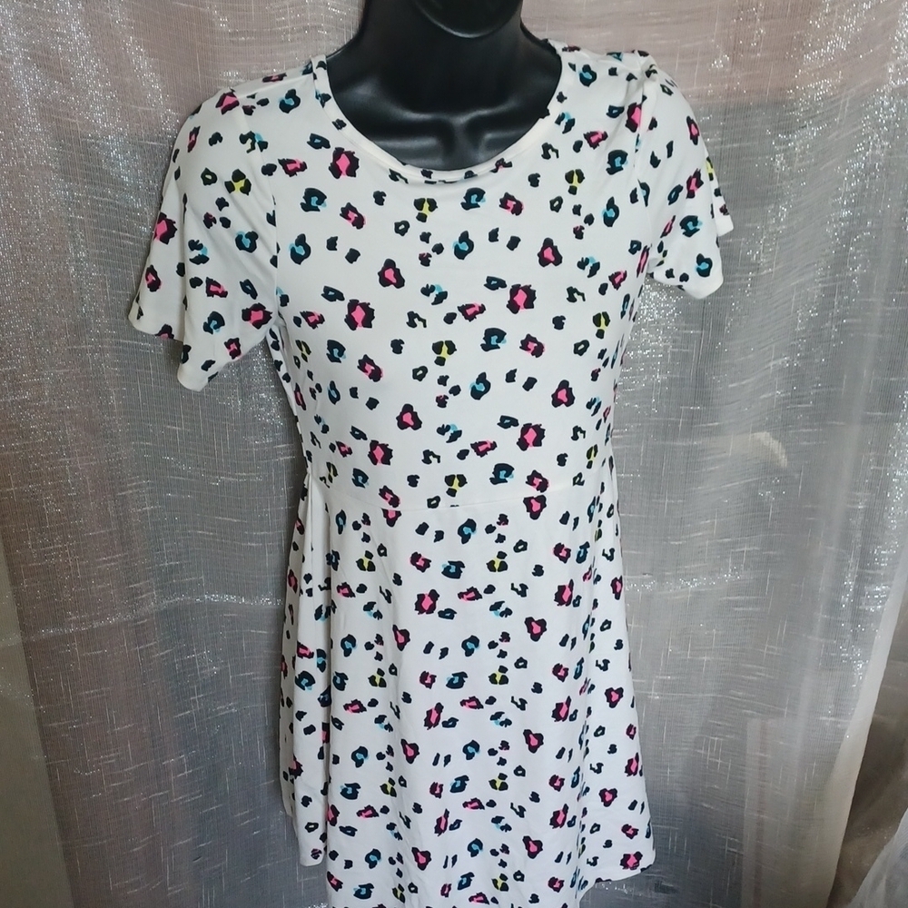 Squeese Girls leopard dress, cream, pink, blue, Sz 10/12, stretchy
